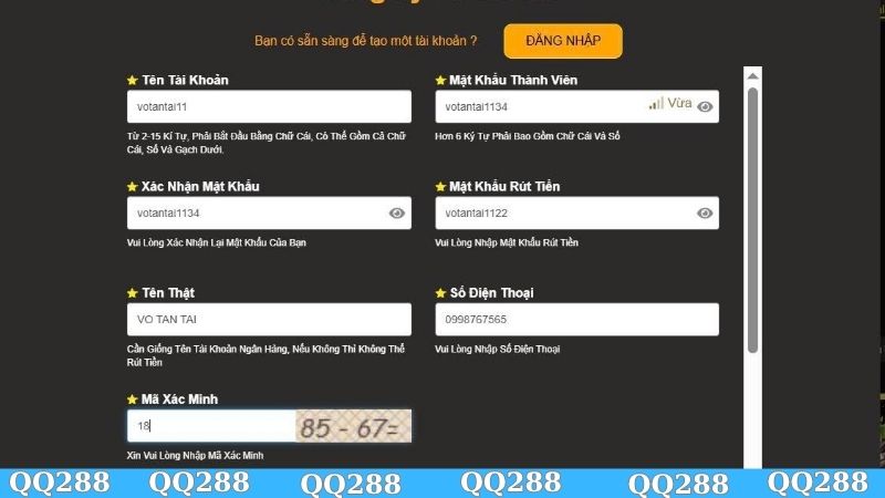 Hoàn tất thông tin khi đăng ký QQ288